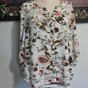 Christopher & Banks Floral Blouse - Cream and Brown